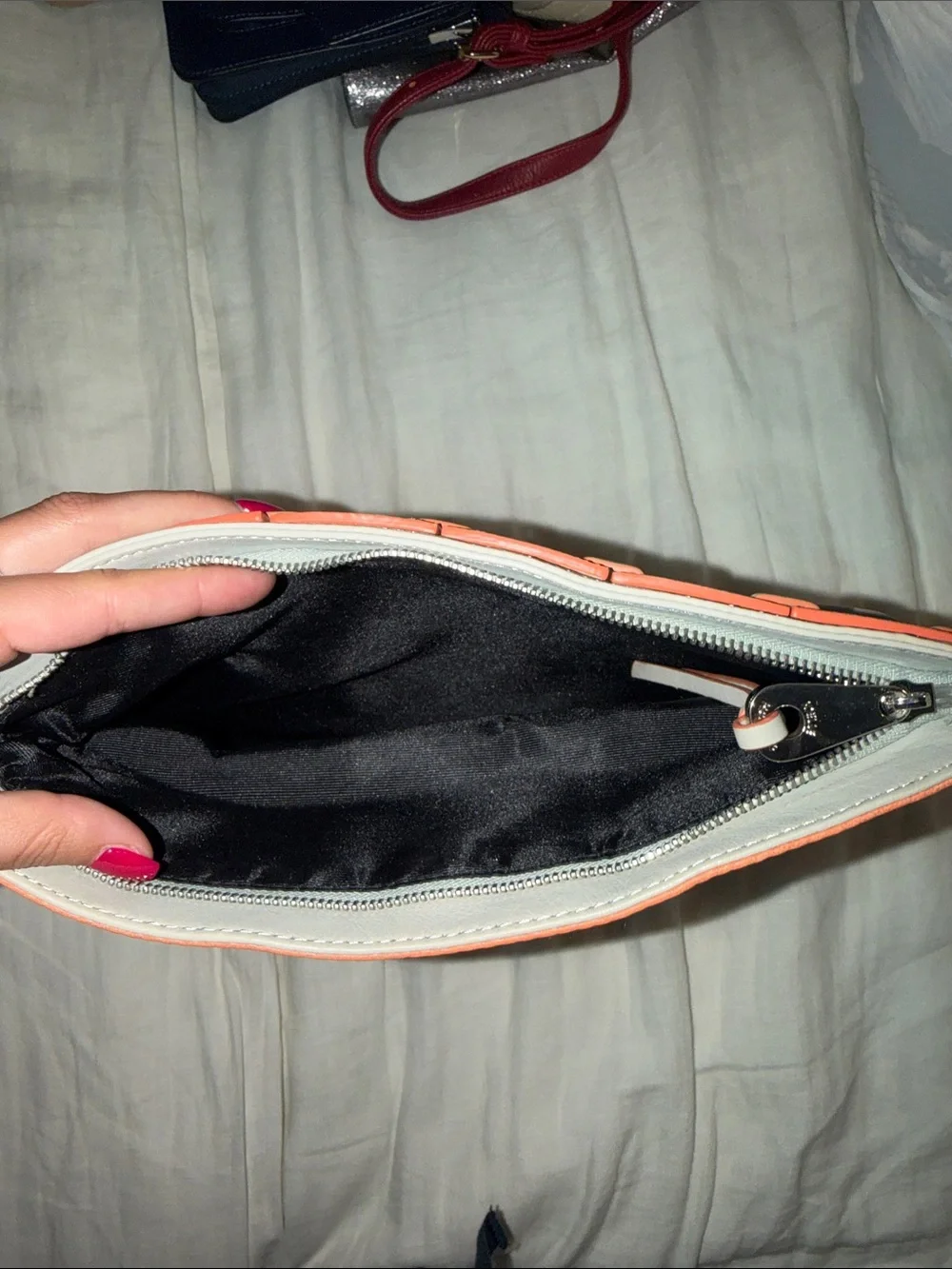 Two-Tone Fold-Over Leather Clutch in Gray and Burnt Orange